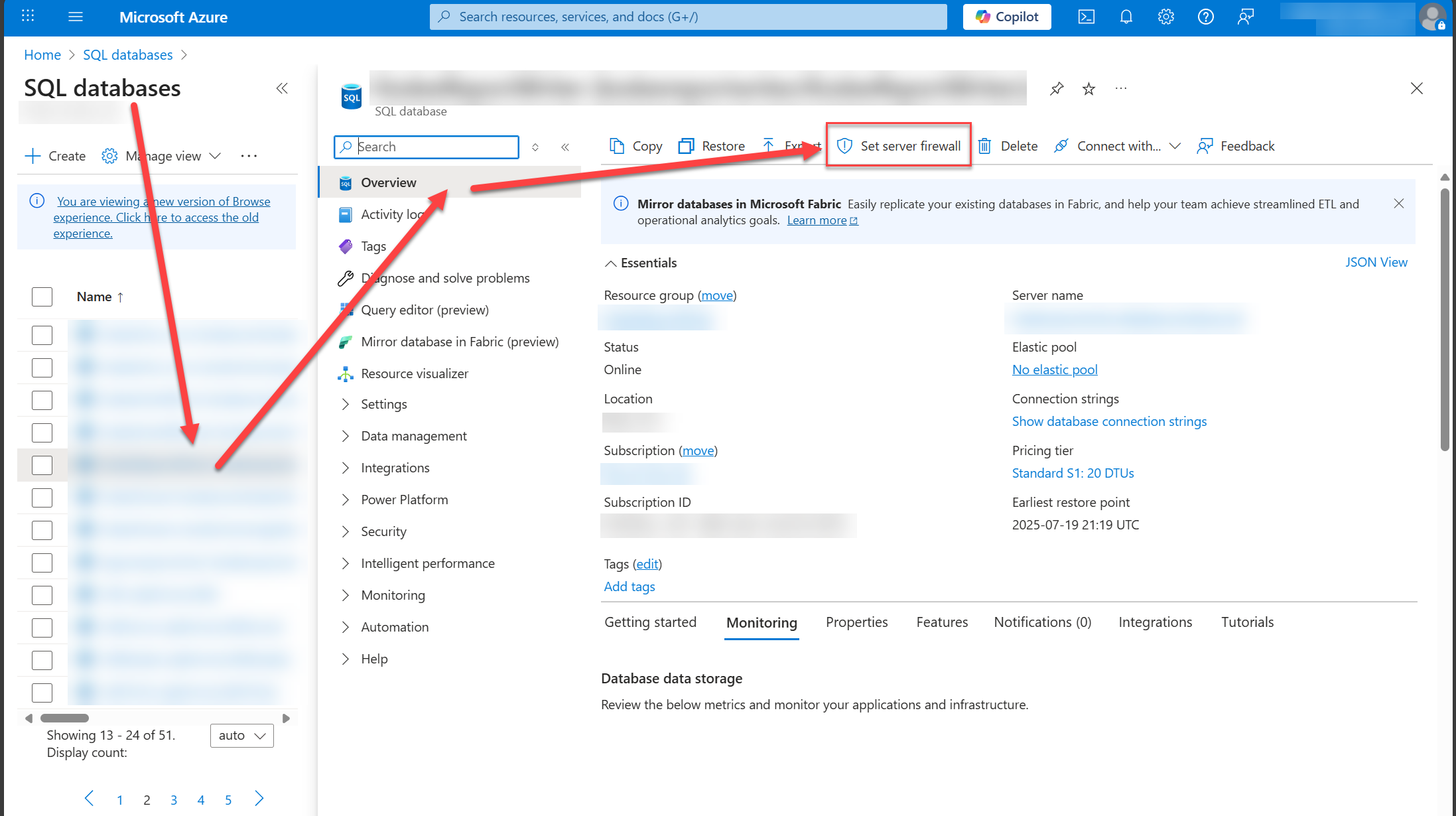 SQL Database로 이동
